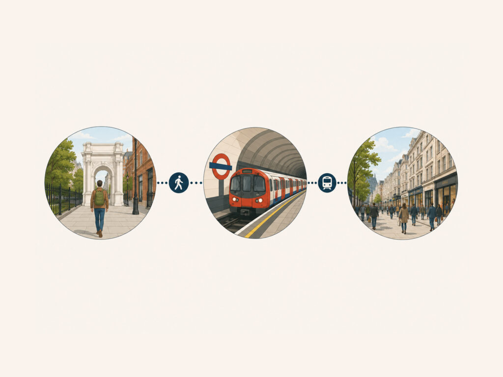 Walking and Underground route from London attractions to shopping areas near The Edward Hotel Paddington