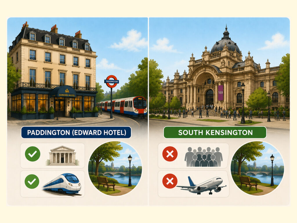 Paddington stay at The Edward Hotel compared with South Kensington for museums and transport