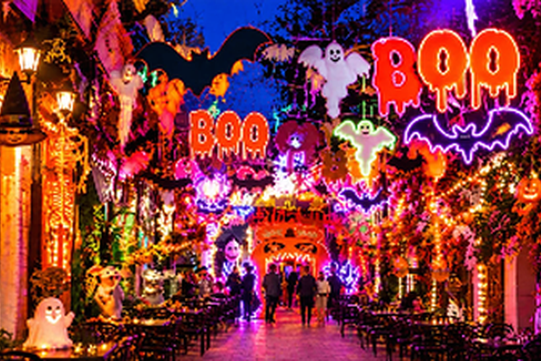 London street decorated for Halloween with neon BOO signs, ghosts and pumpkin lights