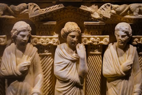 Three carved marble figures in robes between spiral columns on an ancient Roman stone relief
