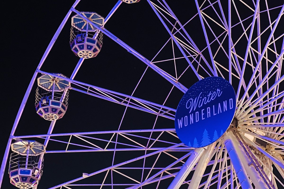 Illuminated Ferris wheel with Winter Wonderland sign against the night sky